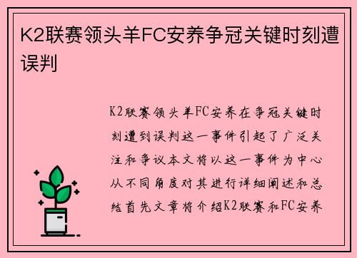 K2联赛领头羊FC安养争冠关键时刻遭误判